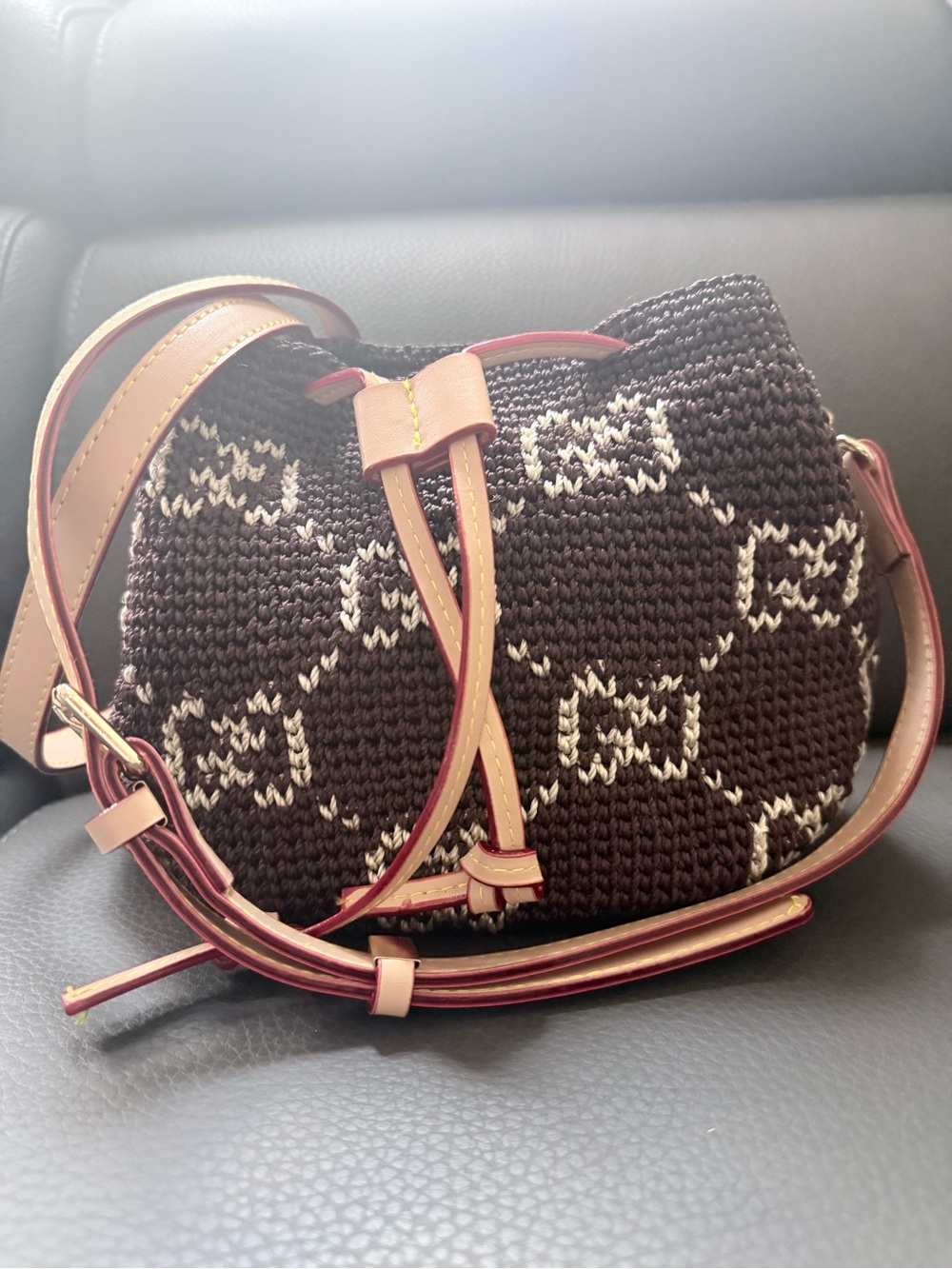 Handmade Brown and Cream Crossbody Drawstring Bag